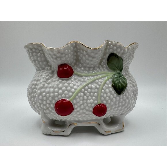 Mid Century Modern Japan Cherry Footed Bag Planter Vase MCM Gold Coloured Trim - Picture 1 of 9